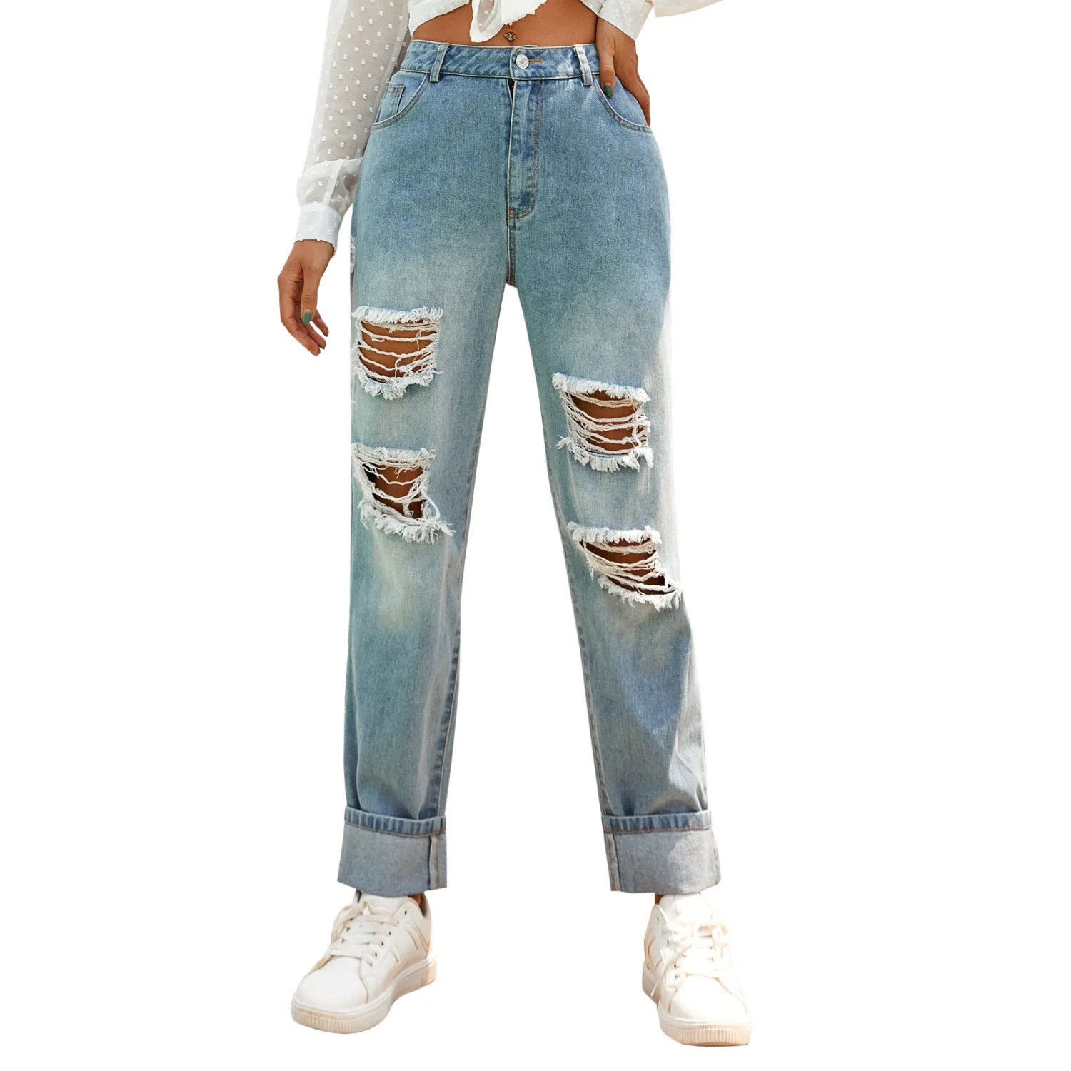 

Ripped Jeans Women High Waist Washed Vintage Cotton Button Fly Straight Type 2020 Autumn New Fashion Jeans Lugentolo