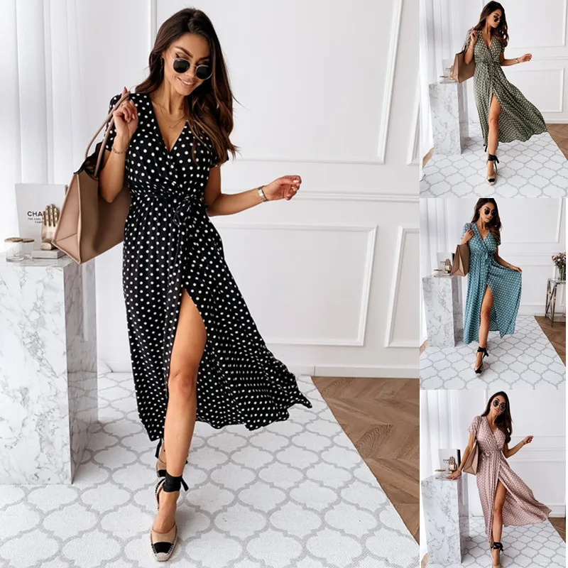 

2020 Vintage Women Polka Dot Maxi Dress V-Neck High Waist Belt Dress Summer Office Lady Thigh-high Slit Long Dress S-2XL