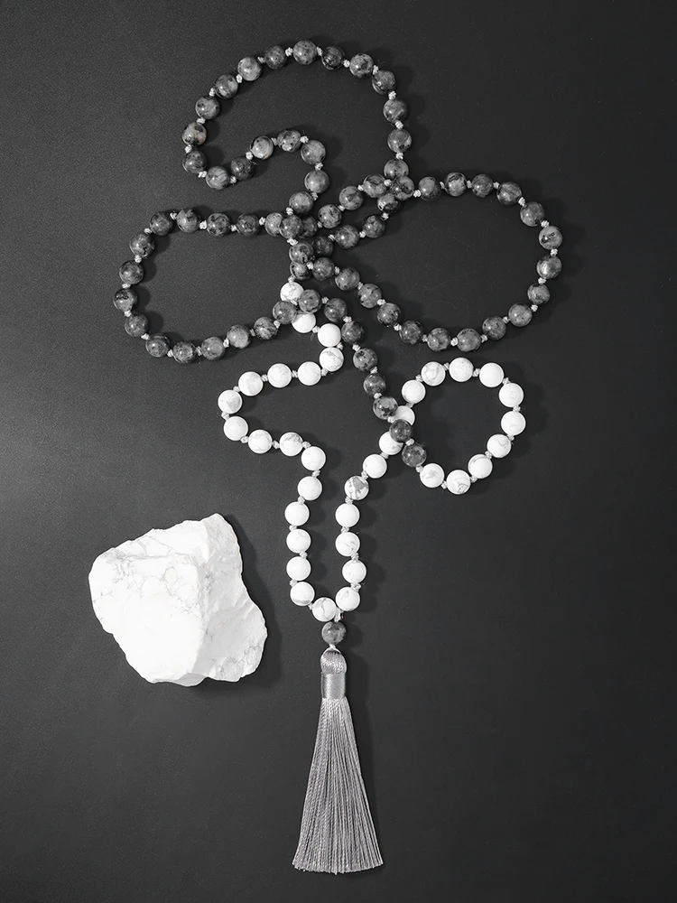 

OAIITE 8mm Natural Stone Back Labradorite Howlite Mala Necklaces for Women Men Japamala 108 Beads Prayer Meditation Yoga Jewelry