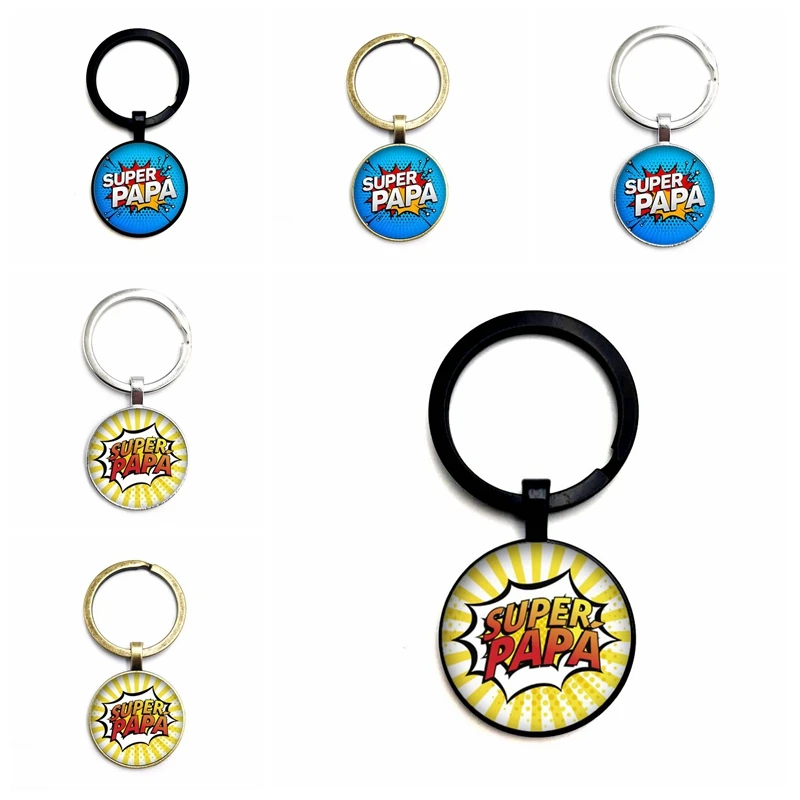 

"Happy Father's Day" Key Chain "Super Papa" Glass Cabochon Pendant Key Ring Personality Charm Jewelry Gift