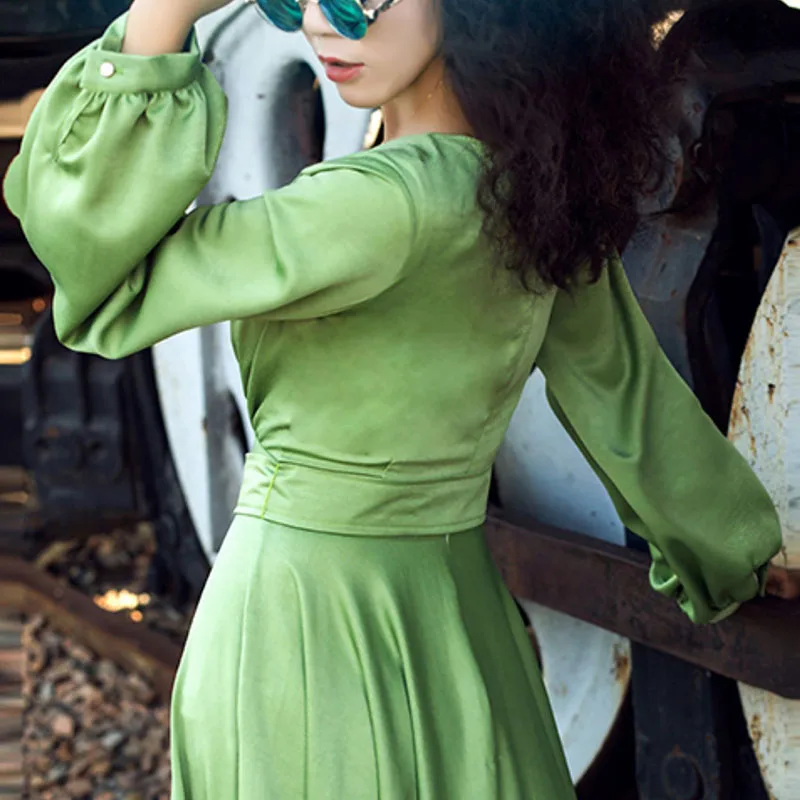 Женское длинное платье с авокадо зеленое тонкой талией весна-осень 2021 NBH12 |