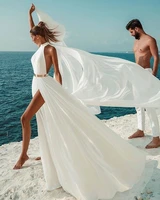 vestidos de noiva beach split wedding dress 2021 sexy backless a line ivory chiffon bridal party gowns high neck long