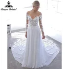 Элегантное ТРАПЕЦИЕВИДНОЕ свадебное платье с пуговицами сзади, длинным рукавом, V-образным вырезом и разрезами, женское платье с открытой спиной, 2022