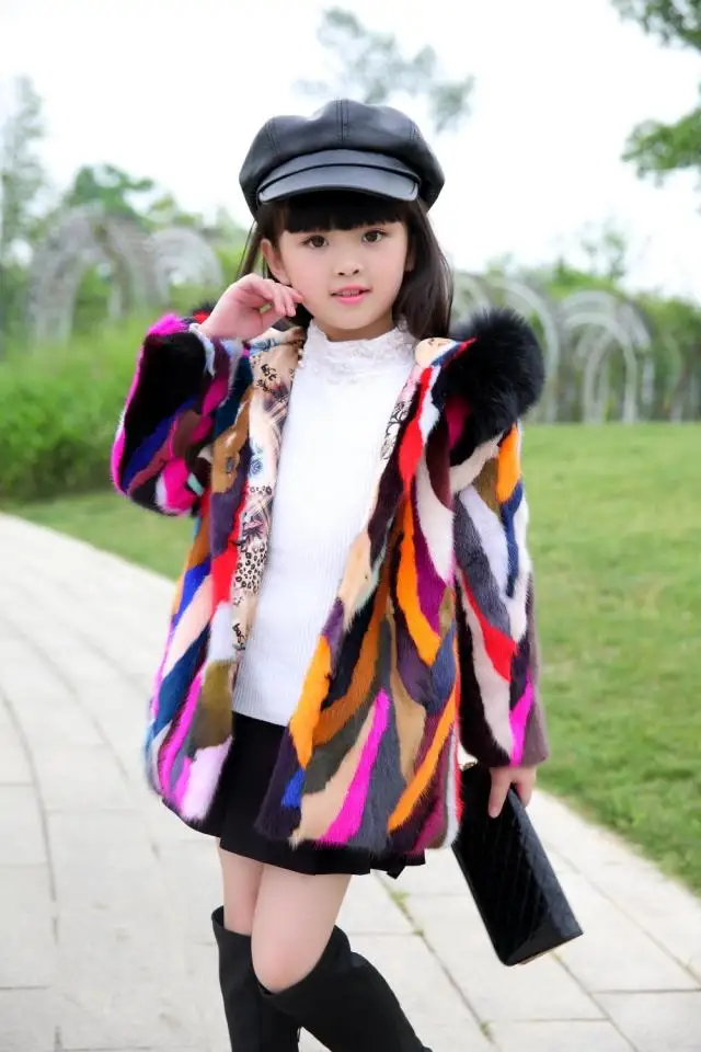 Новое Детское пальто из натурального меха норки с капюшоном лисьего детская