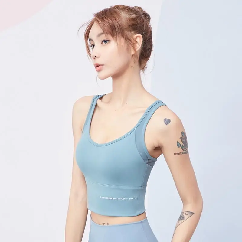 

Women's Bras Outer Wear Mesh Stitching Letter Printing Gathered Shockproof Breathable Running Yoga Fitness Vest Sports Underwear