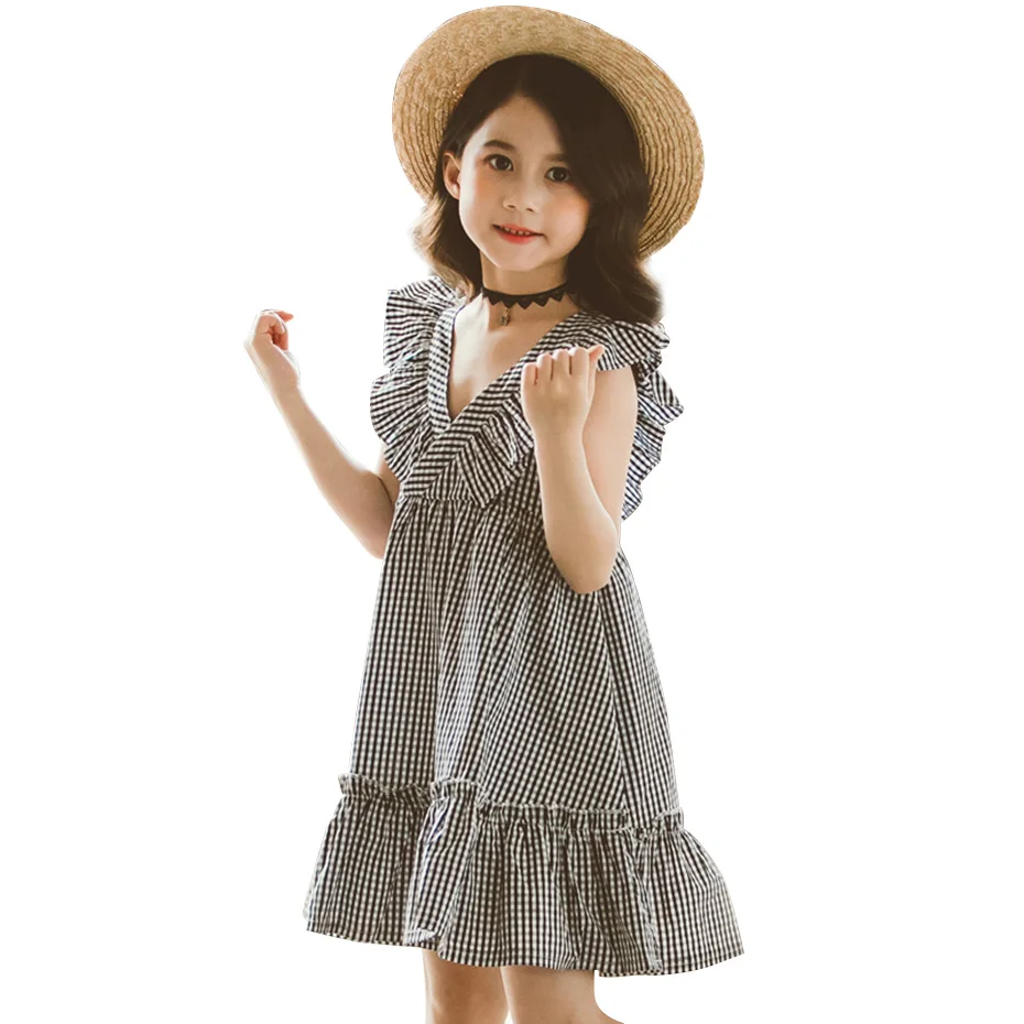 Dress For Girls Plaid Pattern Summer Dresses V -Neck Kids Sleelvess Clothes Girl 6 8 10 12 15 | Детская одежда и обувь