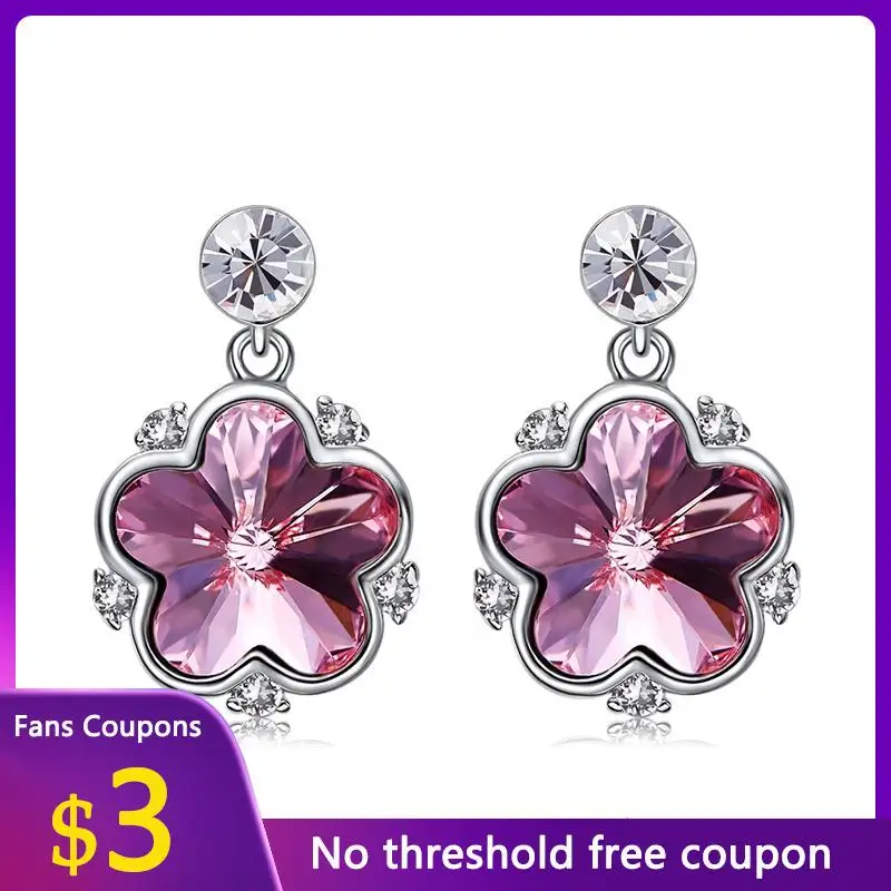 

Mikiwuu 925 Sterling Silver Crystal Earrings Rose Pink Flowers Exquisite and Elegant Drop Earrings for Women Wedding Party Gift