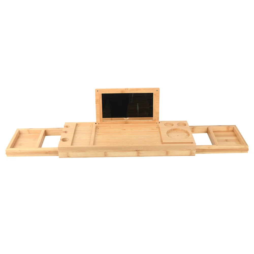 

1PC Multifunctional Bathtub Serving Tray Bamboo Bath Bridge Telescopic Storage Rack Shelf with Mirror for Bathroom Home