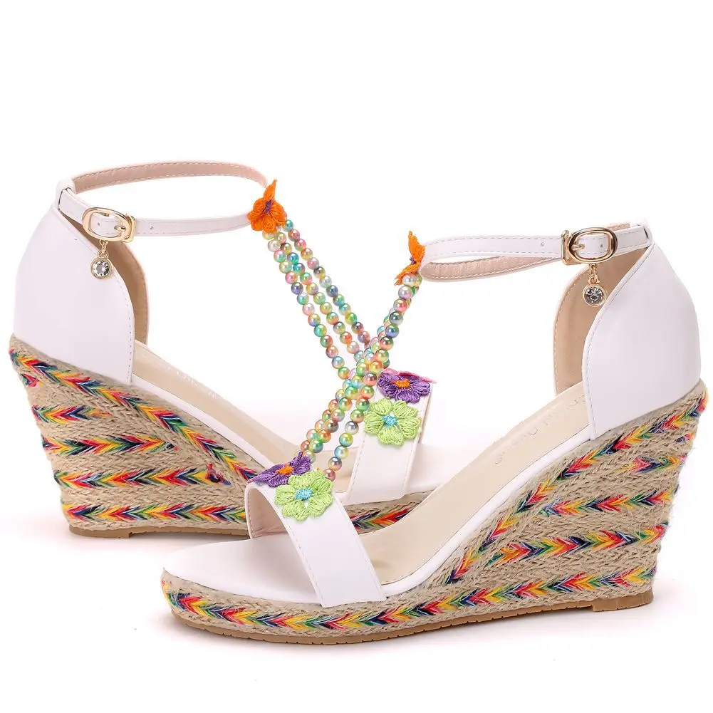

9cm colorful flower fish mouth slope Heel Sandal Size Beaded waterproof platform slope heel sandal one line belt