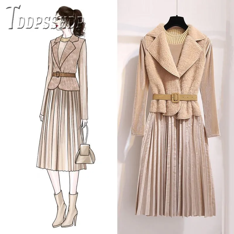 

2019 Autumn New Elegant Women Sets Vests And Bottoming Dresses Female Sets