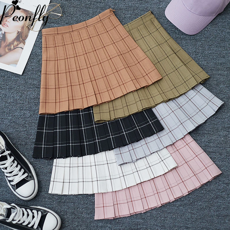 

PEONFLY Sweet Women Pleated Skirt Fashion Plaid A-Line Mini High Waist Chic Skirt Kawaii Summer Casual Ladies Plaid Skirt
