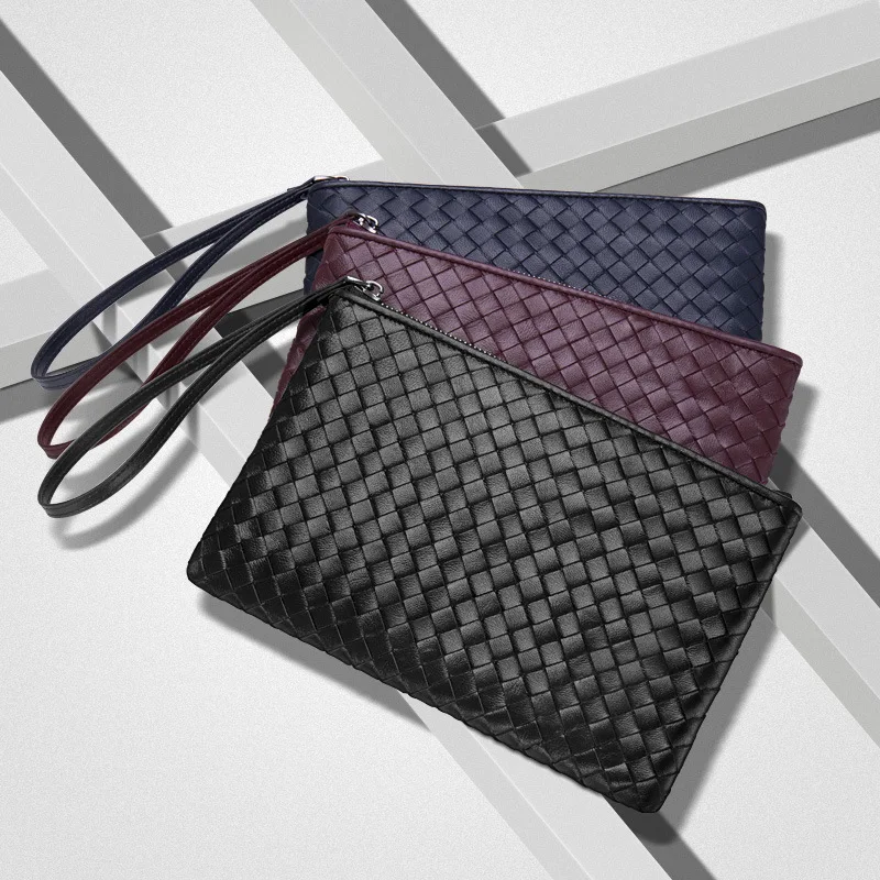

2020 AW Handmade weaved sheep leather wristlet clutch men Luxury genuine Leather designer slim pouch bag Knitting handbag men