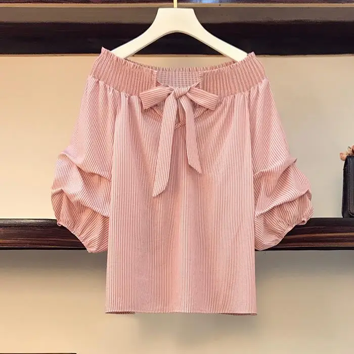 Красный в полоску летние топы больших размеров Размеры Женщин Слэш шеи фонарь