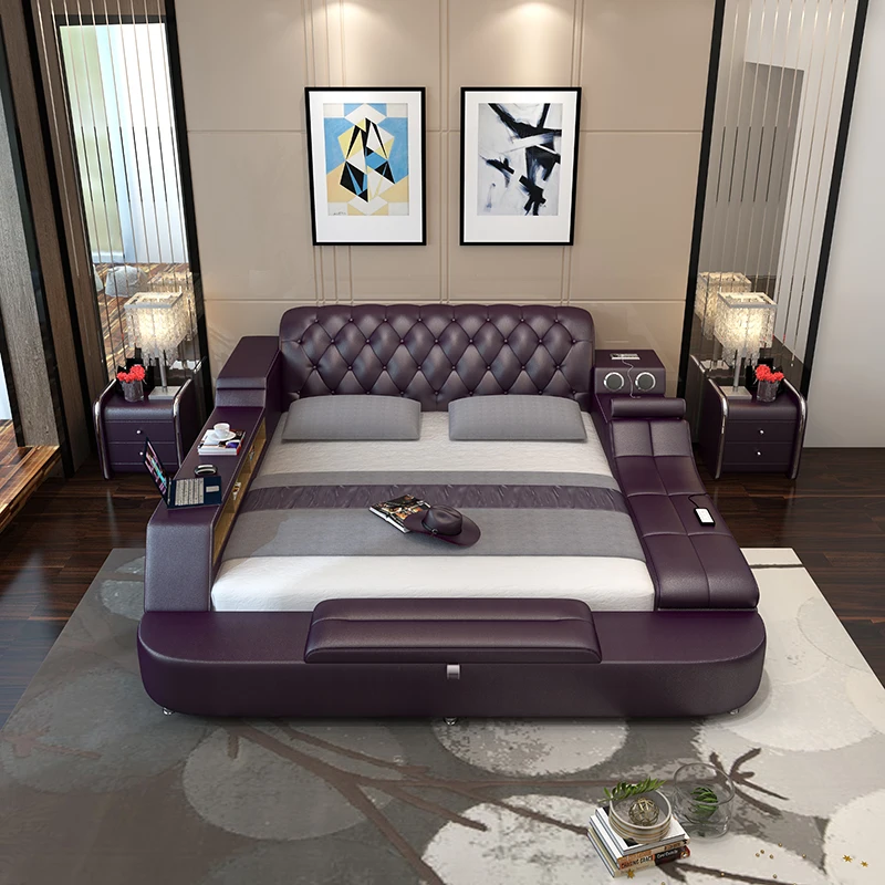 кровать двуспальная 2020 modern bedroom furniture real leather bed set smart | Мебель