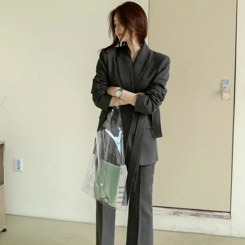

Office Ladies Blazer Suit Dark Gray Slim Women Pant Suit Korean Lace Up Jacket & High Waist Pant Casual Female 2 Pieces Set 2021