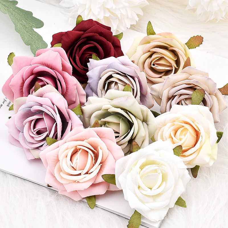 

New 10pcs/Lot 7cm Artificial Rose Silk Flower Heads For Wedding Decoration DIY Wreath Gift Box Scrapbooking Craft Fake Flowers