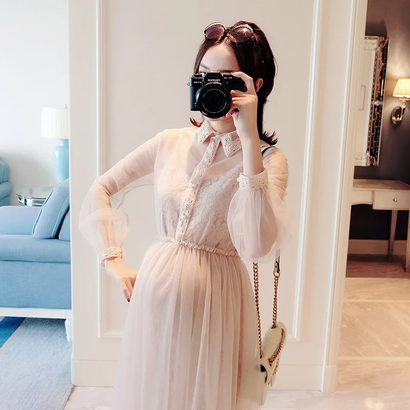 Платья для беременных с отложным воротником Одежда женщин весеннее платье