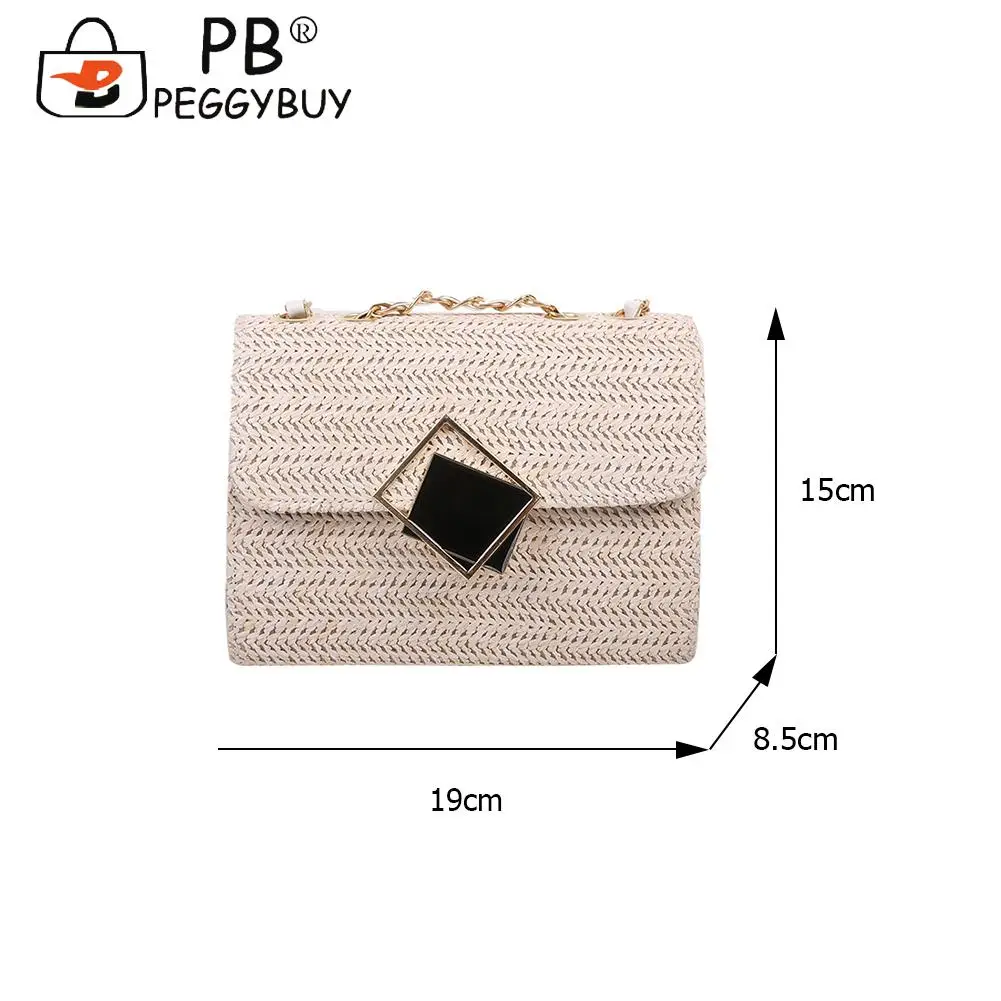 

Fashion Women Woven Straw Shoulder Underarm Bag Summer Vacation Beach Chain Hasp Crossbody Handbags Portable Small Flap Purse