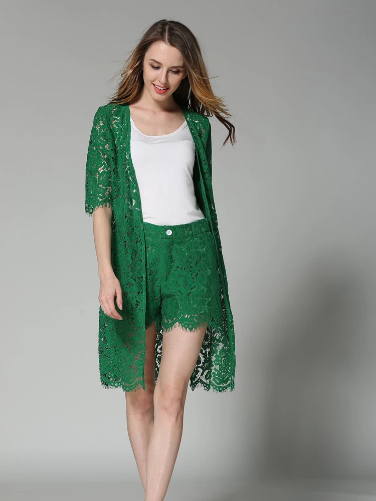 Комплект женский из 3 предметов кружевной кардиган с длинным рукавом топ и шорты