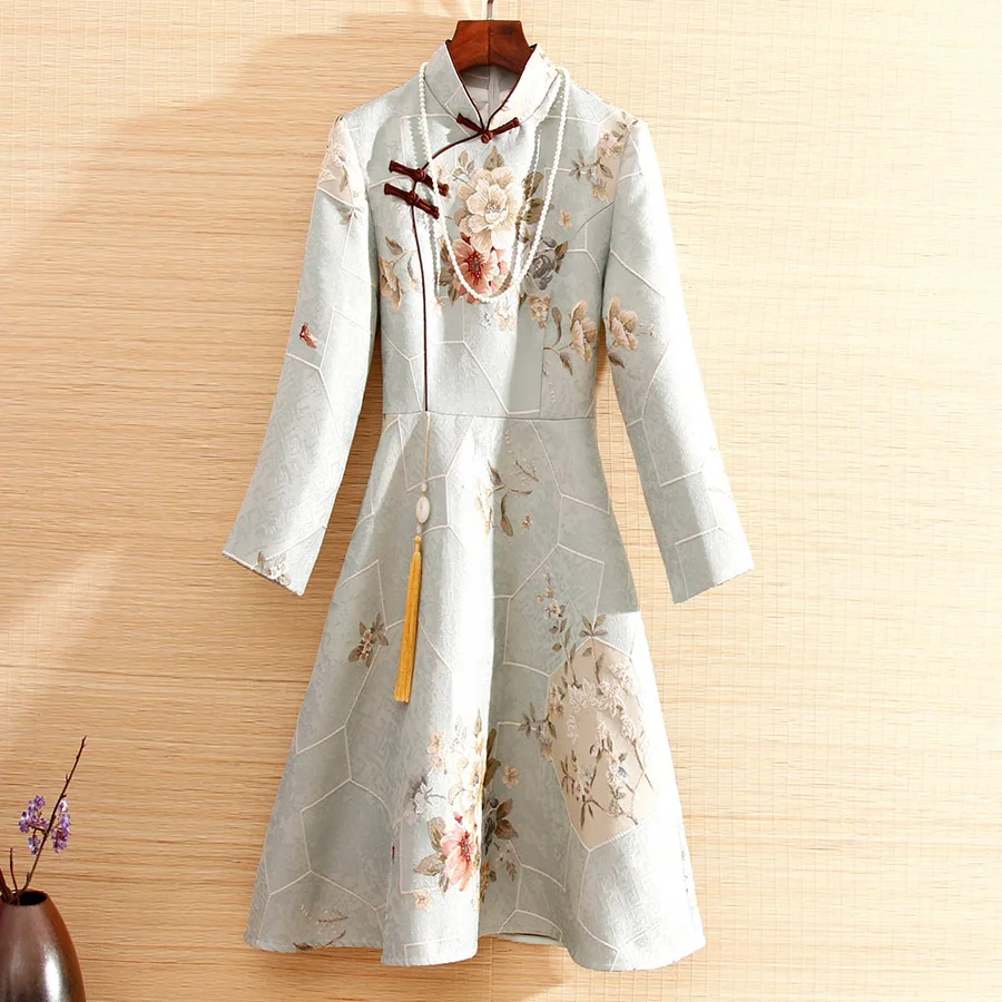 Женское жаккардовое платье в китайском стиле элегантное облегающее вечернее