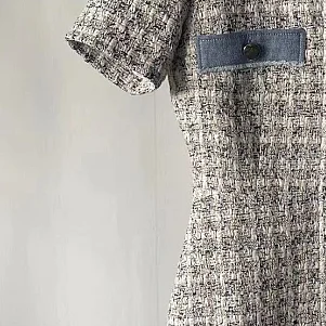 

2021 Spring and Summer New French Waist Plaid Short-sleeved Tweed Dress Women
