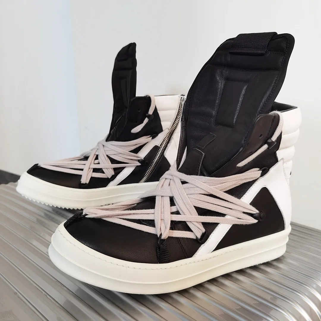 

Owen Seak Men Shoes High-TOP Ankle Boots Genuine Leather Women Sneaker Luxury Trainers Casual Lace-up Zip Flat Black Shoes