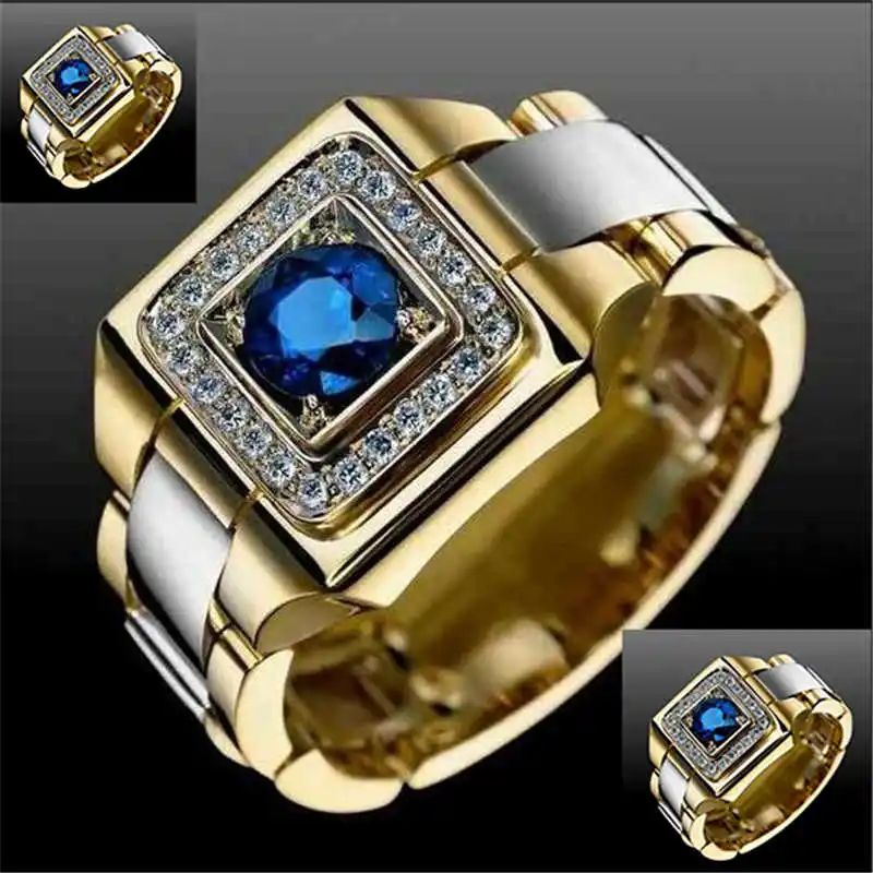 

Popular Mens Blue Yellow Gold Filled Round Cut Ring For Men Party Jewelry Gift