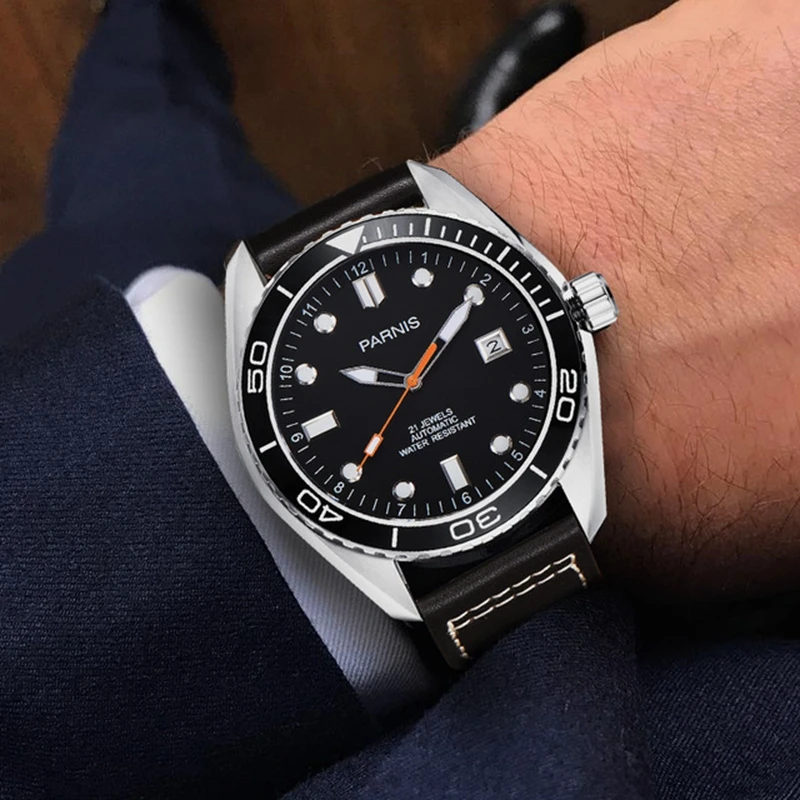 

45mm Parnis Waterproof Diver Automatic Men's Watch Mechanical Watches Ceramic Rotatig Bezel 5ATM Sapphire Wristwatch Men Gift