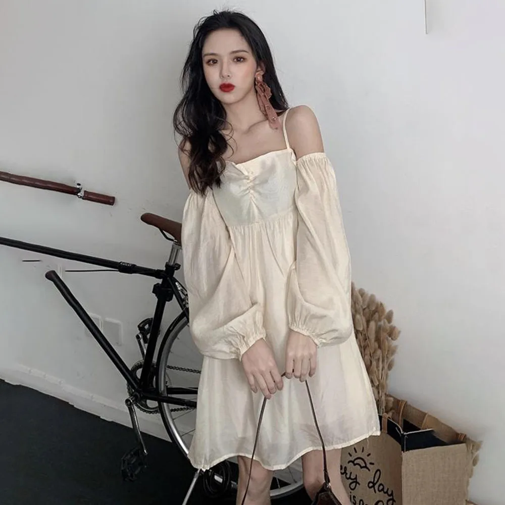 

Japan Style Casual Summer Dress 2021 Korean Fashion Temperament Elegant Sexy Strapless Solid Color Retro Puff Sleeve
