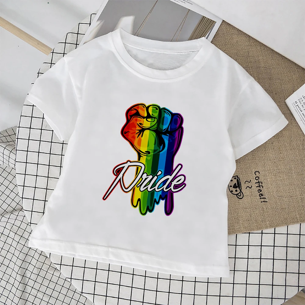 

Модная Радужная детская одежда в стиле Харадзюку, футболка для маленьких мальчиков и девочек, повседневные уличные универсальные топы, фут...