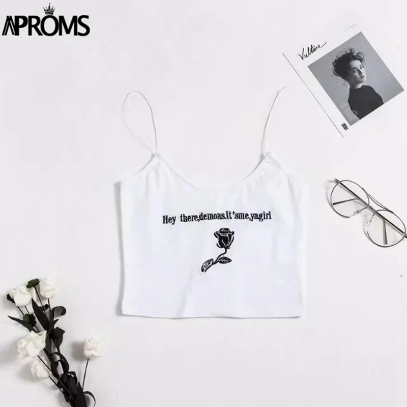 Aproms, уличная одежда, с вышивкой розы, базовые женские майки, высокая мода, яркие, тянущиеся, кроп-топ, 90 s, крутые, для девочек, короткие, бюстье, топы на бретелях - Цвет: Белый