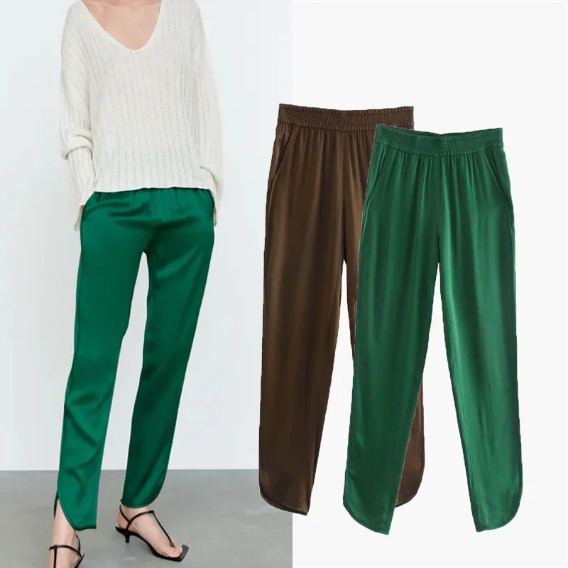 

2021 Green Satin Slit Pants Woman Za Autumn Fashion High Waist Smocked Elastic Waist Pant Chic Side Pocket Slit Cuff Female Pant