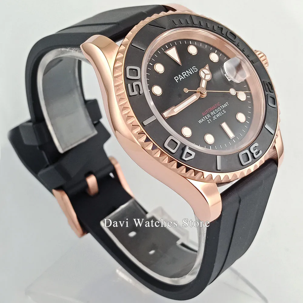 Мужские автоматические часы Parnis Miyota move для мужчин черный чехол розового золота с