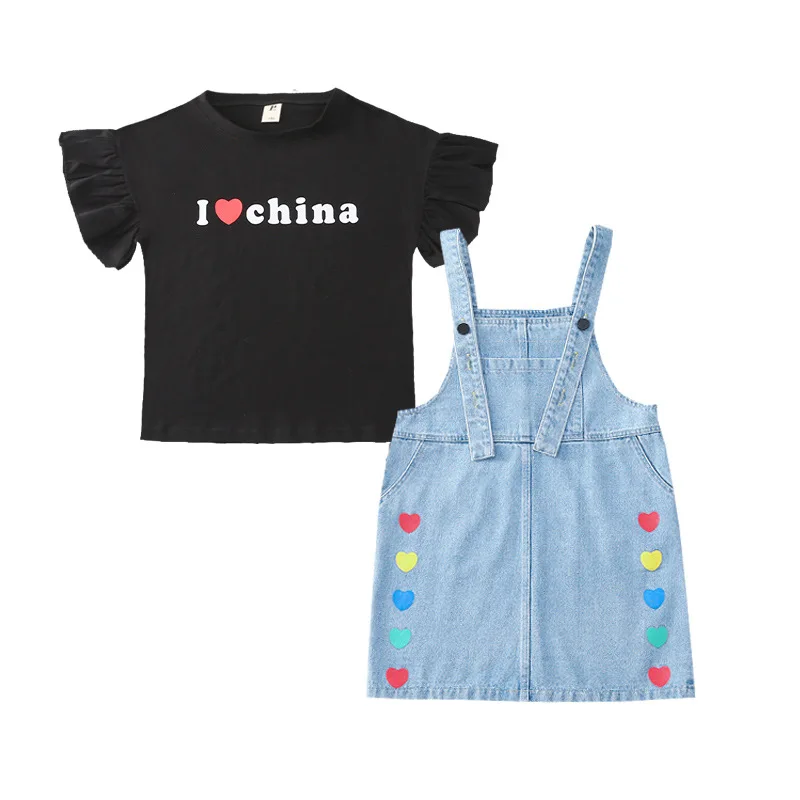 

Children Clothes Girl Sets Summer Short Sleeve T-Shirt+Love Denim Straps Skirt Two Piece Kids Suit Beautiful Girl Casual Outfit