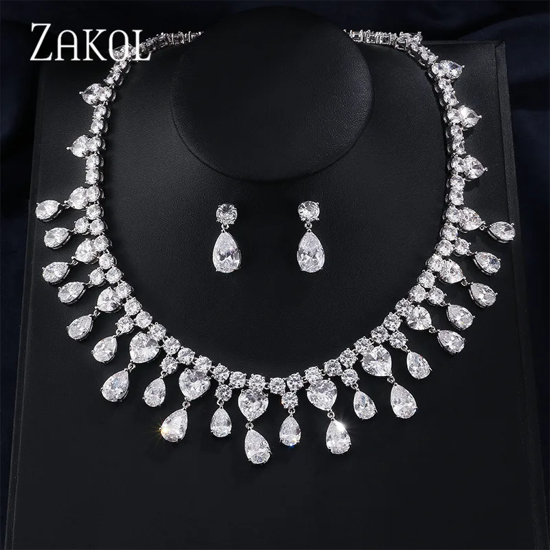 ZAKOL Роскошные висячие серьги из кубического циркония Кулон Ожерелье Набор
