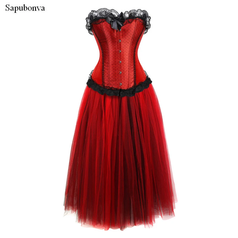 

Sapubonva sexy corset dress long burlesque victorian plus size mesh skirt set lace up overbust corsets bustiers tops brocade red