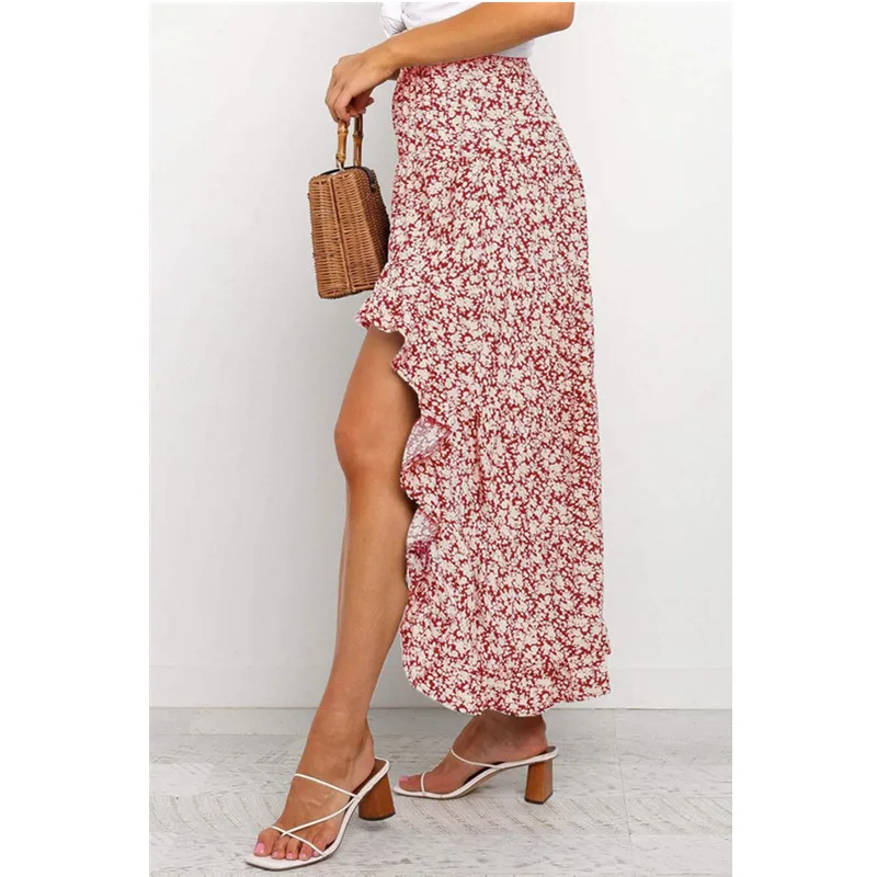 

New Bohemian Women Skirt Summer Beach Style Floral Printed High Waist Casual Skirt Ins asymmetrical ruffled hem mid-length skirt