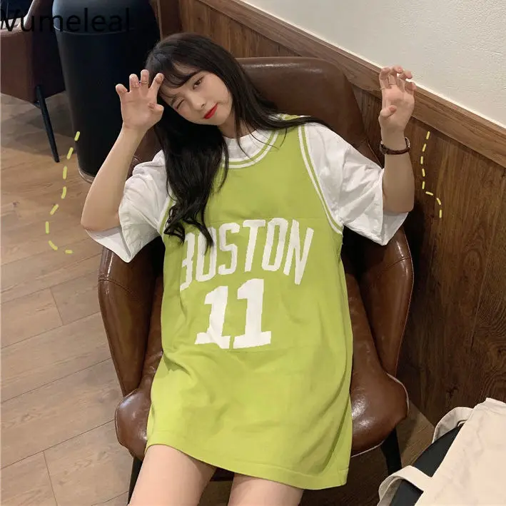 

Футболка для студентов, футболка, топ, Женский Свободный жилет без рукавов с алфавитом в Корейском стиле, длинная рубашка BF Wind для внешней од...