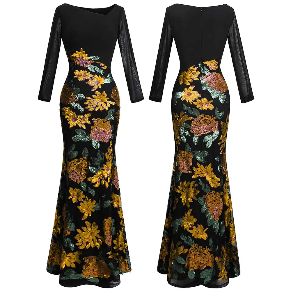 Gold Black 396 Angel-Fashion женское вечернее платье с длинными рукавами и вышитыми блестками цветами черного цвета 396 - Цвет: Gold Black 396