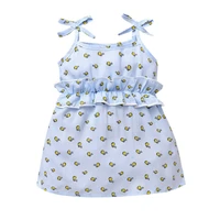 baby girl print dress summer blue suspender sleeveless top lace decoration casual lovely skirt knee length party kids clothes