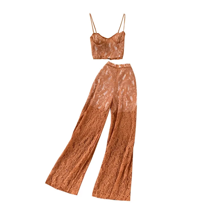 

Women Summer Casual Fashion Two Piece Suit Hook Flower Hollow Short Tank Top And Wide Leg Pants Girls 2 Pieces Sets