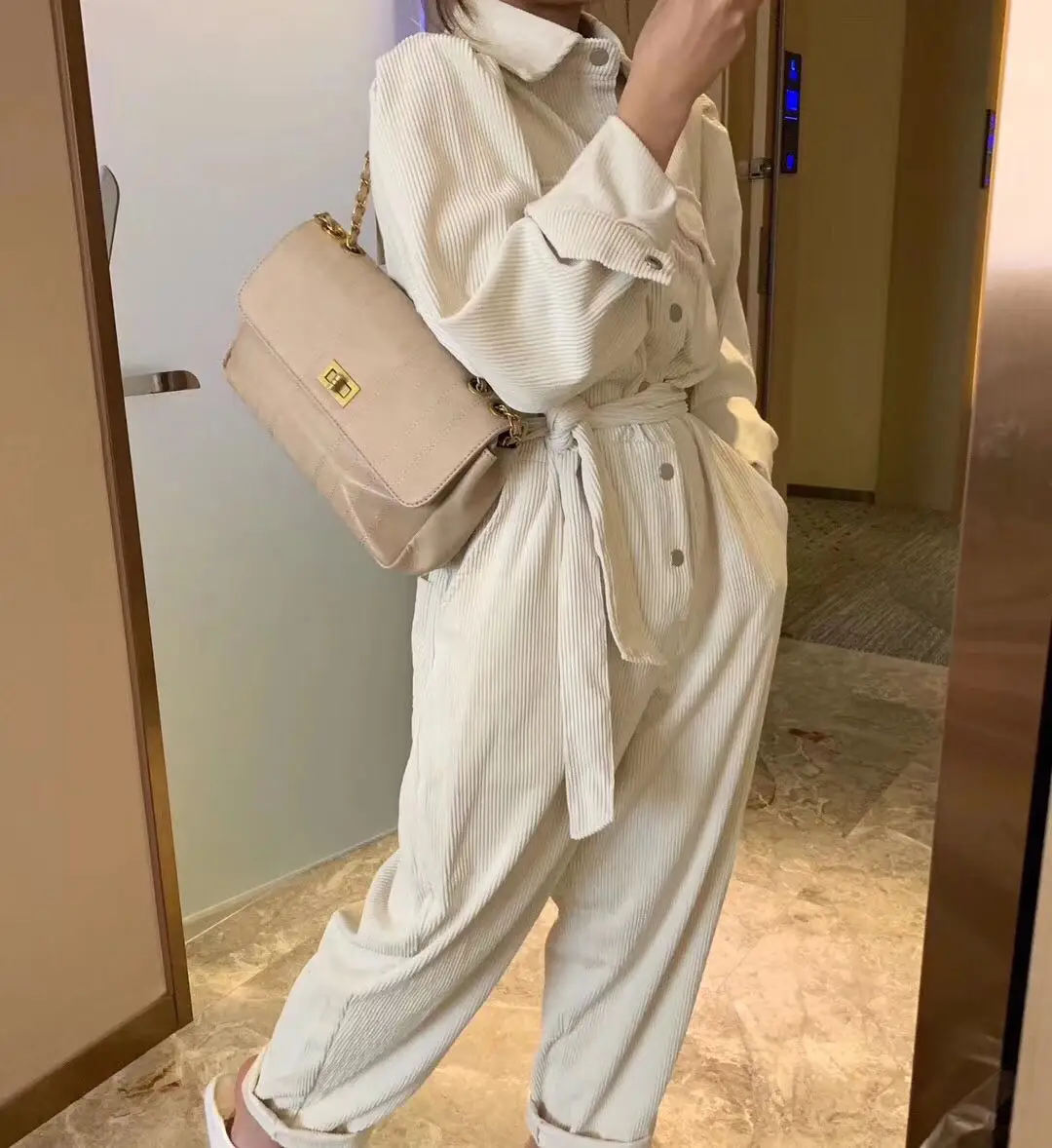 

Autumn and winter new style temperament lapel button puff sleeve corduroy lace high waist ladies jumpsuit