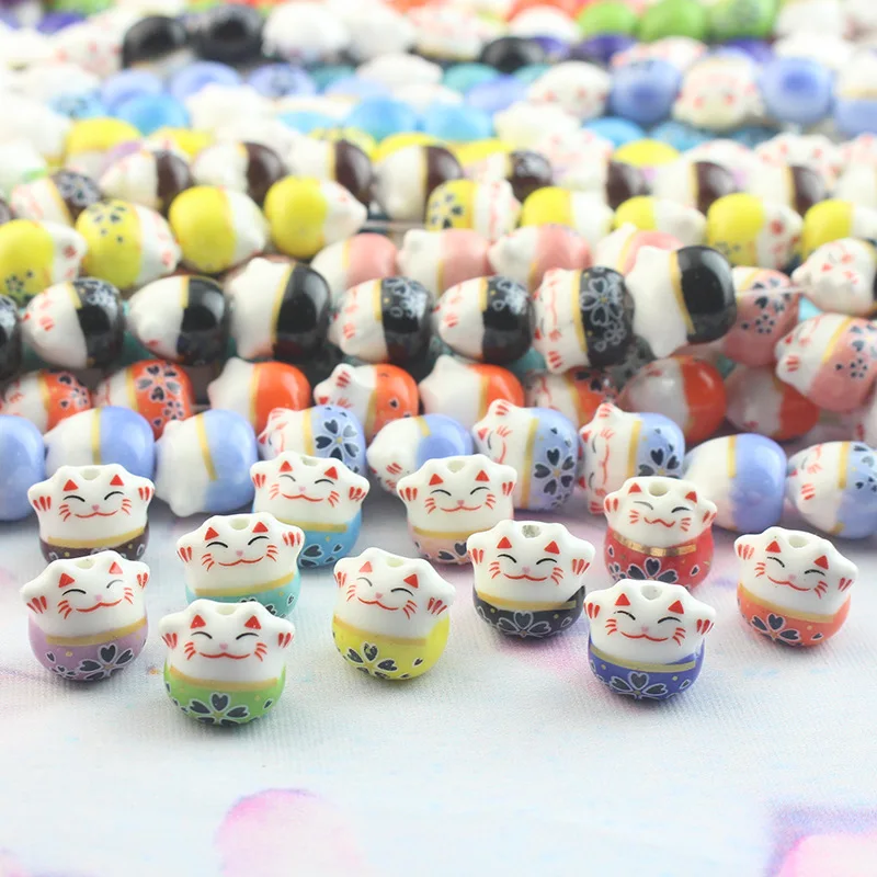 30 шт 13x14 мм Ручная роспись Lucky Cat Керамика бусины вертикальное отверстие с большим