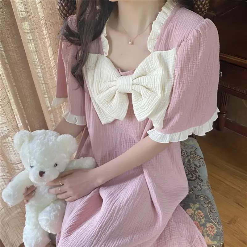 

QWEEK Cotton Sleepwear Princess Style Nightdress Pink Dress Woman Summer Women's Nightie Bow Nightwear Puff Sleeve Nightgown