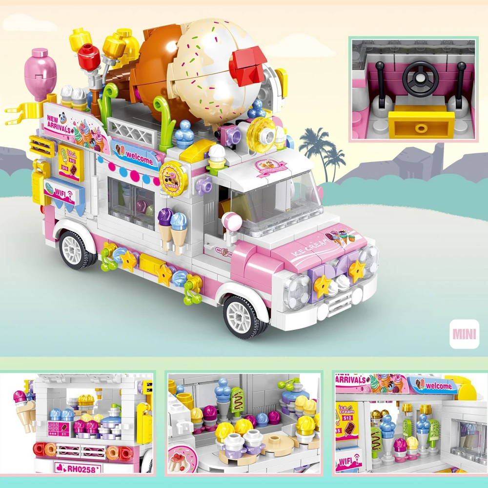 Girls Friends Building Blocks Ice Cream Burger sushi fruit dessert cart Model Bricks City Vocation Vehicle Camping Car Kids Toys | Игрушки и