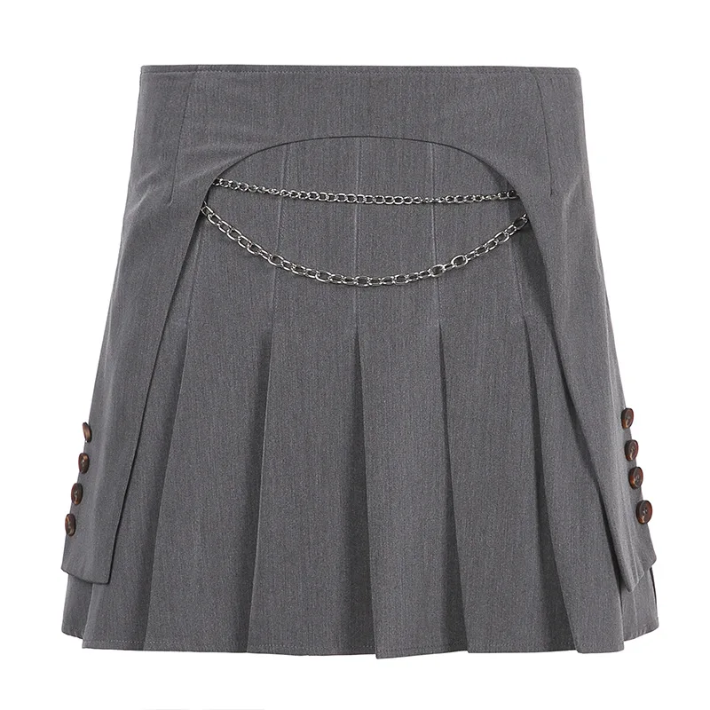 

Женская серая элегантная мини-юбка, модная облегающая женская юбка 2021, плиссированная юбка с цепочкой и подкладкой, плиссированная юбка