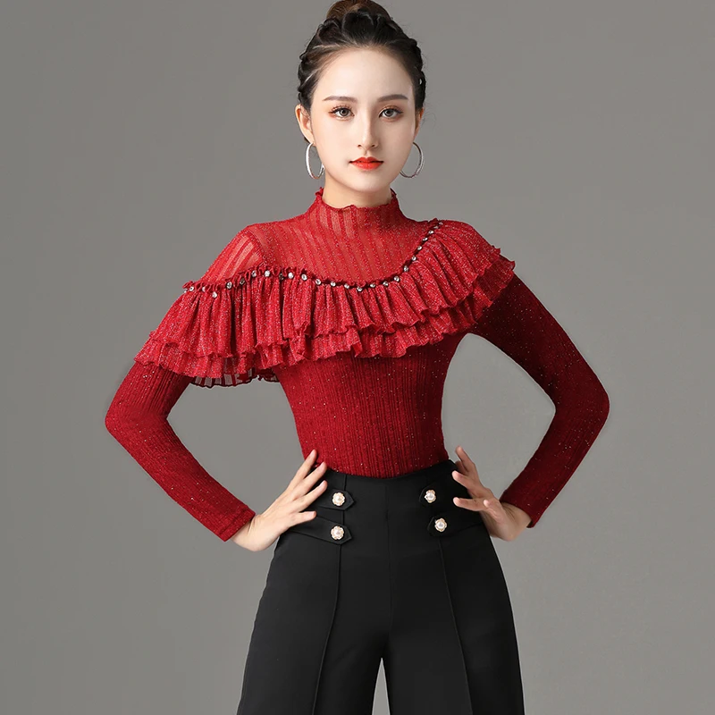 

New Latin Dance Tops For Women Adult Professional National Standard Dance Competition Shirts Rumba Tango Samba Dancewear DQL4858