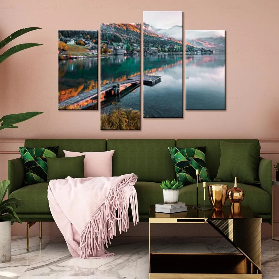 

4 Pieces Canvas Painting Wall Art Snow Mountain Trees Lake Landscape Prints Posters Picture Living Room Home Decor Drop Shipping