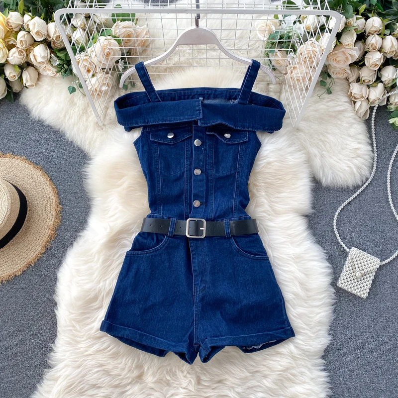 Женский джинсовый комбинезон с открытыми плечами повседневный Свободный из