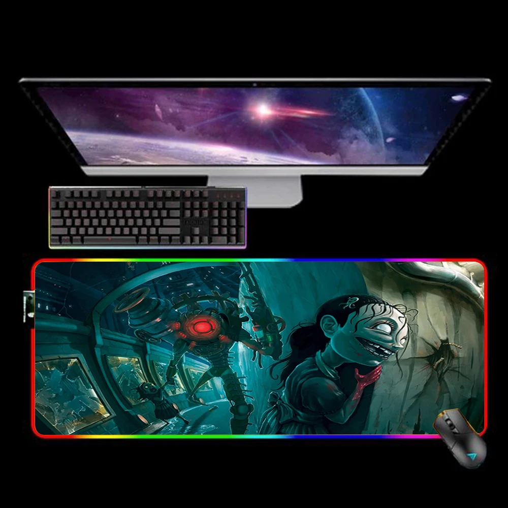 

RGB Bioshock Mouse Pad Anime Alfombrilla Raton Mousepad LED Lock Edge Mause Pad No-slip with Backlit XXL Tapis De Souris 35X60cm
